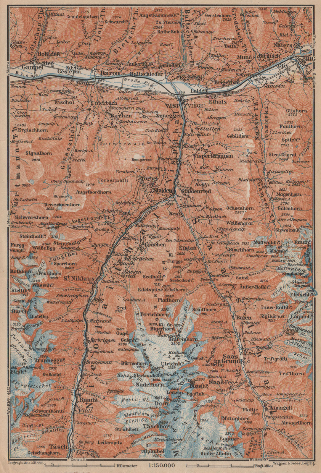 STALDEN/SAAS-FEE AREA. Mischabel Group Grächen Dom Raron Randa Visp 1907 map